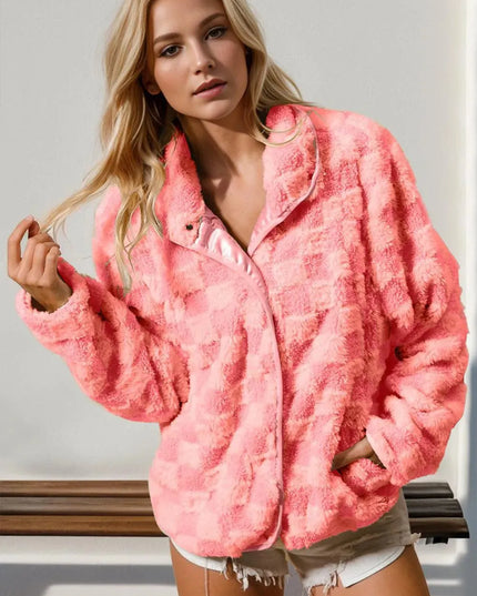 Double Take Checkered Long Sleeve Fuzzy Jacket - ShopEasier