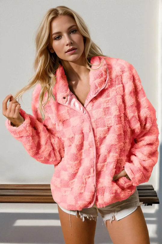 Double Take Checkered Long Sleeve Fuzzy Jacket - ShopEasier