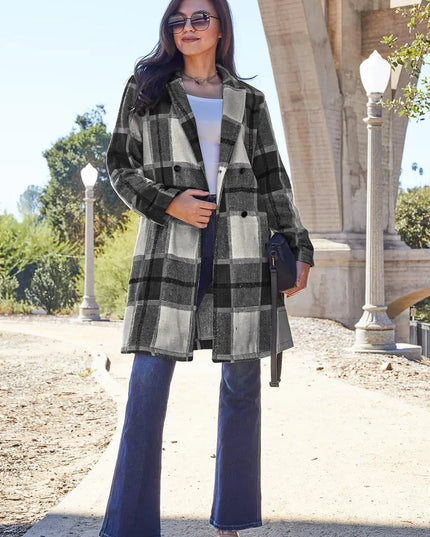 Plaid Button-Up Lapel Coat with Pockets - Full Size Double Take Design