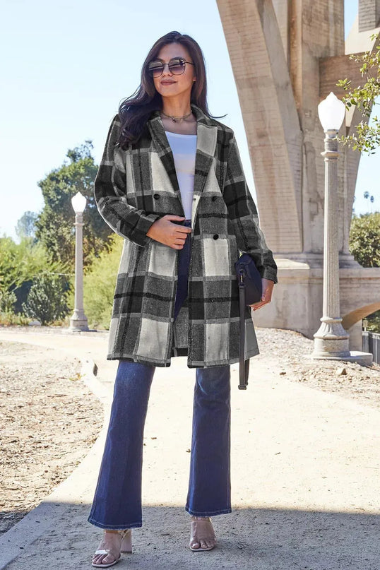 Plaid Button-Up Lapel Coat with Pockets - Full Size Double Take Design