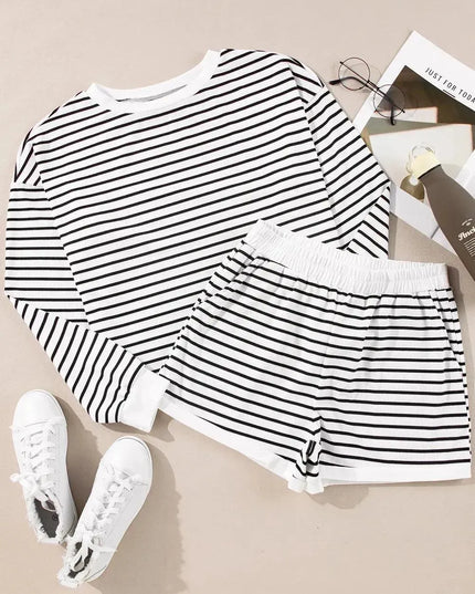 Striped Long Sleeve Top and Shorts Lounge Set with Pockets