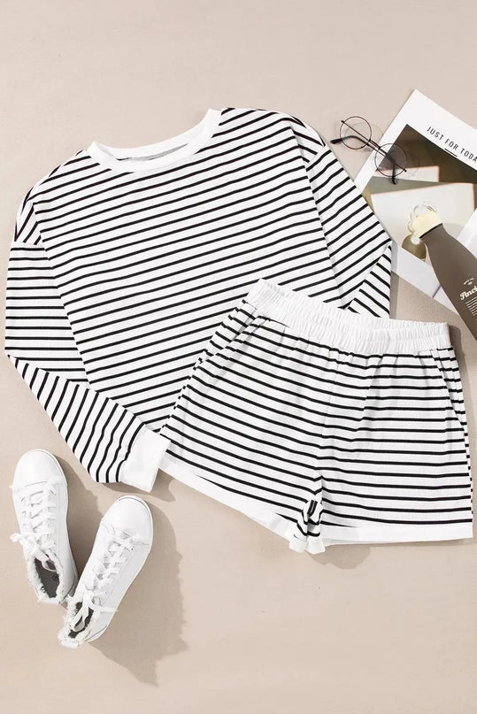 Striped Long Sleeve Top and Shorts Lounge Set with Pockets