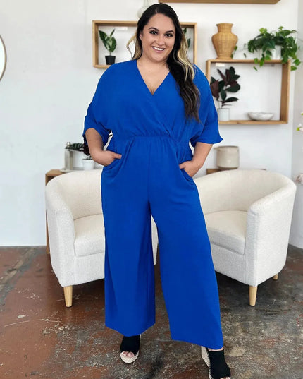 Double Take Full Size Surplice Wide Leg Jumpsuit with Pockets - ShopEasier