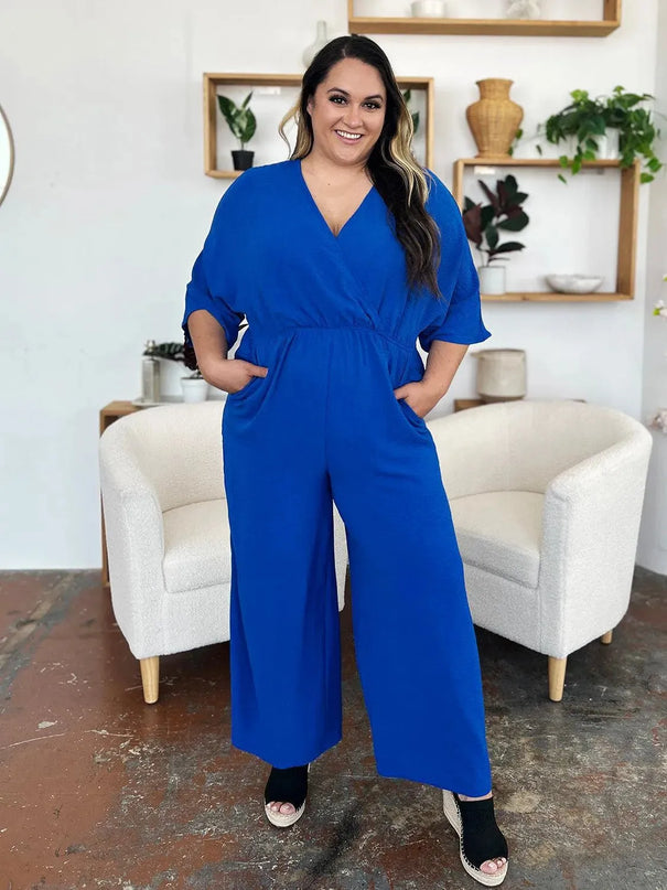 Double Take Full Size Surplice Wide Leg Jumpsuit with Pockets - ShopEasier