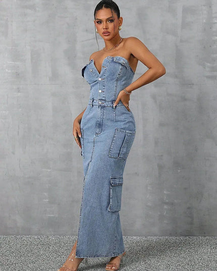 Slit Half Button Tube Denim Dress - ShopEasier