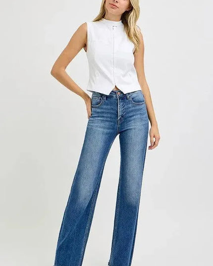 RISEN Tummy Control High Rise Raw Cut Jeans - ShopEasier