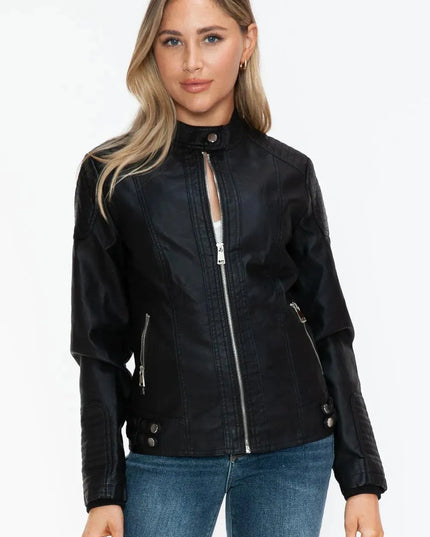 Snobbish Faux Leather Biker Jacket with Side Zip Pockets - ShopEasier