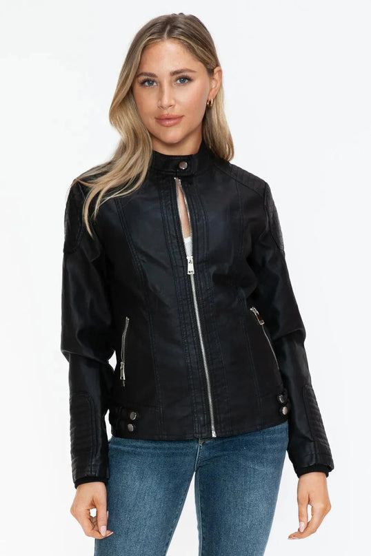 Snobbish Faux Leather Biker Jacket with Side Zip Pockets - ShopEasier