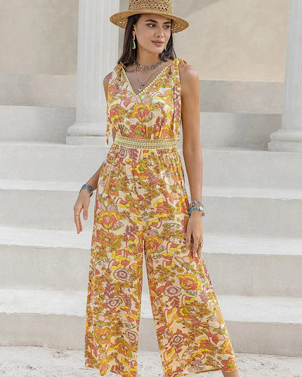 Floral Print V-Neck Tie-Shoulder Jumpsuit