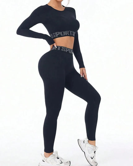 Letter Print Round Neck Long Sleeve Top and Leggings Active Set - ShopEasier