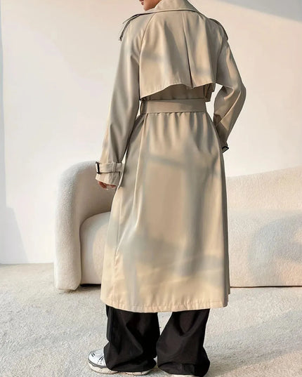 Button-Up Longline Trench Coat with Collared Neck and Long Sleeves