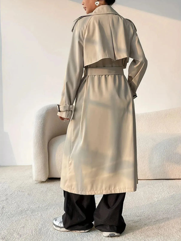 Button-Up Longline Trench Coat with Collared Neck and Long Sleeves