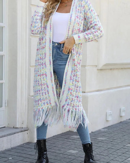 Angel Wings Full Size Multicolored Open Front Fringe Hem Cardigan - ShopEasier