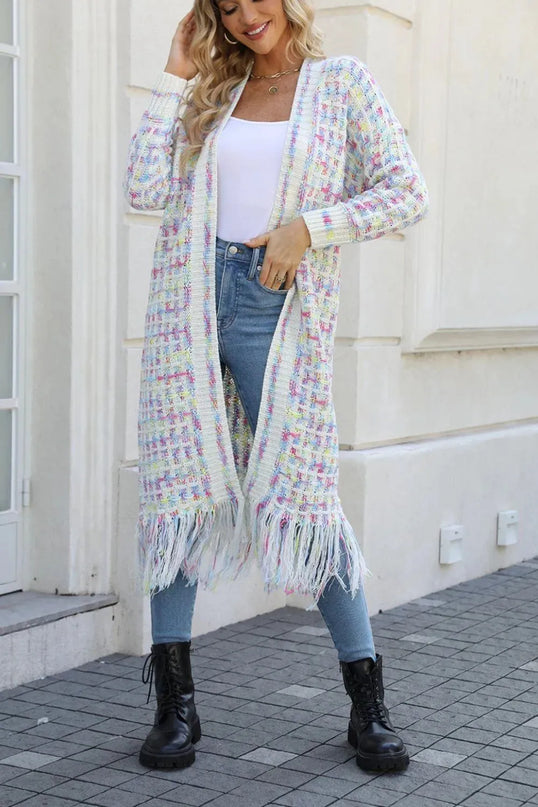 Angel Wings Full Size Multicolored Open Front Fringe Hem Cardigan - ShopEasier