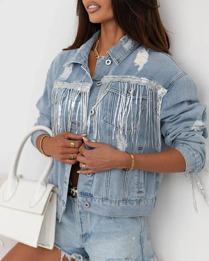 Sequin Fringe Trim Distressed Button Up Denim Jacket - ShopEasier