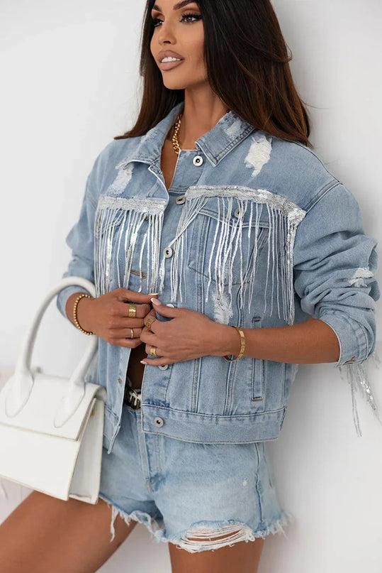 Sequin Fringe Trim Distressed Button Up Denim Jacket - ShopEasier