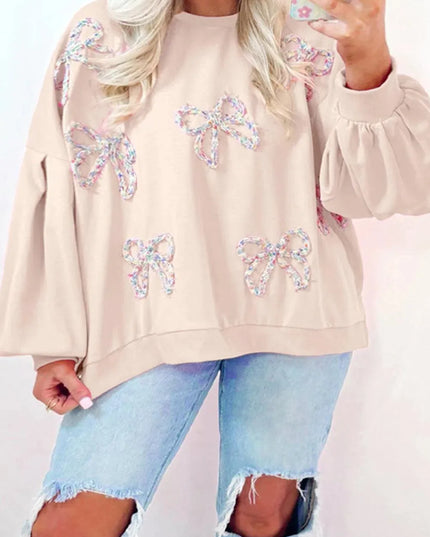 Bow Detail Opaque Long Sleeve Pullover Sweatshirt