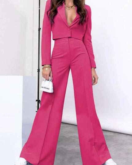 Lapel Collar Cropped Top and Wide Leg Pants Set