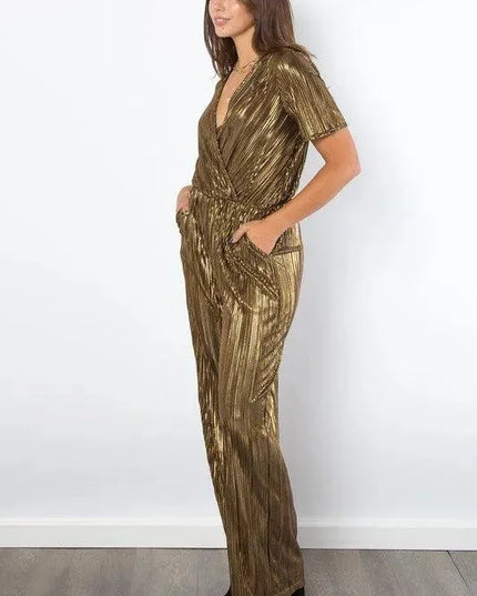 Be Stage Surplice Short Sleeve Pleated Foil Jumpsuit - ShopEasier