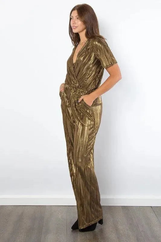 Be Stage Surplice Short Sleeve Pleated Foil Jumpsuit - ShopEasier