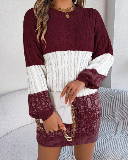 Cable-Knit Round Neck Color Block Sweater Dress - ShopEasier