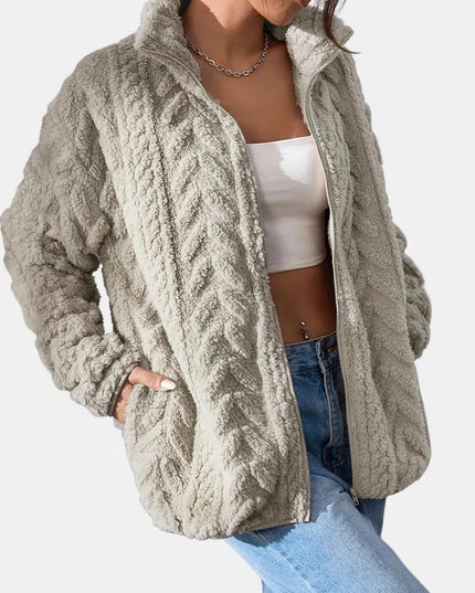 Fuzzy Zip Up Long Sleeve Jacket - ShopEasier