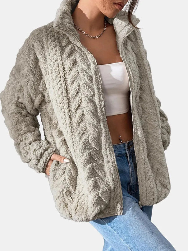 Fuzzy Zip Up Long Sleeve Jacket - ShopEasier