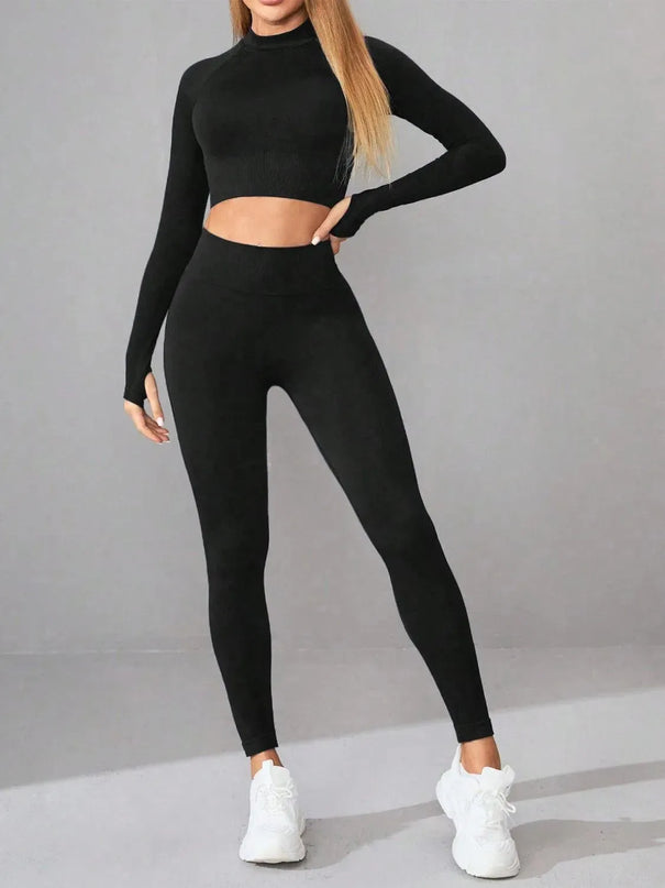 Mock Neck Long Sleeve Top and Leggings Active Set - ShopEasier