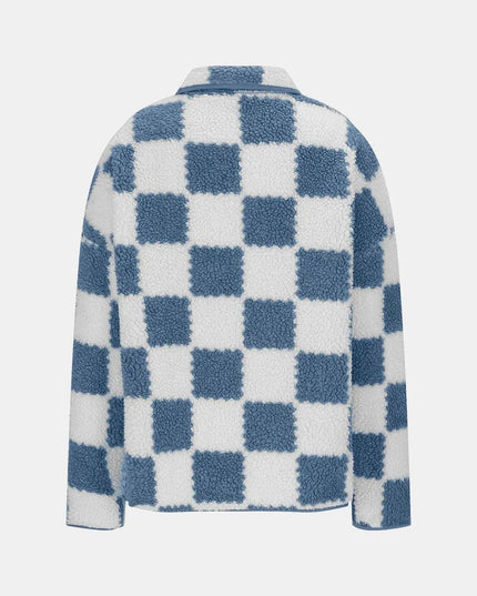 Checkered Snap Down Long Sleeve Teddy Jacket - ShopEasier