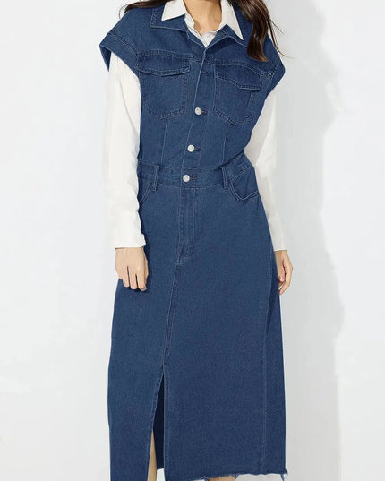 Slit Half Button Collared Neck Cap Sleeve Denim Dress - ShopEasier