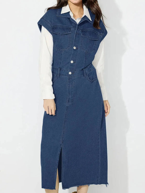 Slit Half Button Collared Neck Cap Sleeve Denim Dress - ShopEasier