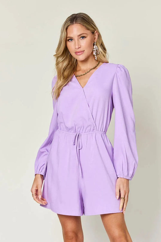 Double Take Full Size Drawstring Long Sleeve Romper - ShopEasier