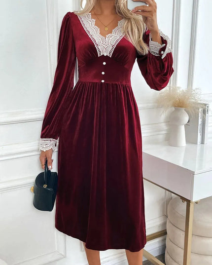 Perfee Lace Detail V-Neck Long Sleeve Midi Dress