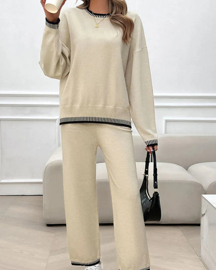 Chic Dropped Shoulder Sweater Set with Round Neck Top and Pants