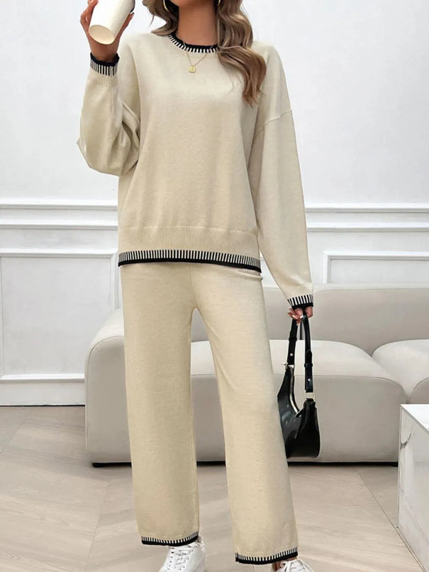 Chic Dropped Shoulder Sweater Set with Round Neck Top and Pants