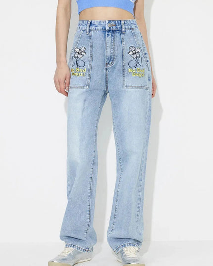 Flower High Rise Straight Leg Jeans with Pockets - ShopEasier