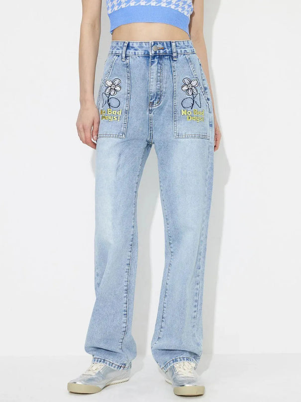 Flower High Rise Straight Leg Jeans with Pockets - ShopEasier