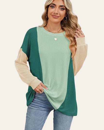 Textured Contrast Long Sleeve Round Neck Tee