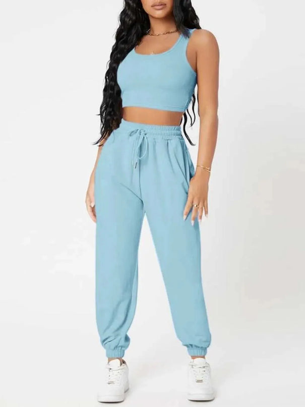 Wide Strap Top and Drawstring Joggers Set - ShopEasier