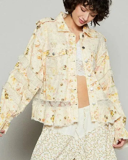 POL Raw Hem Lace Patch Flounce Sleeve Jacket - ShopEasier