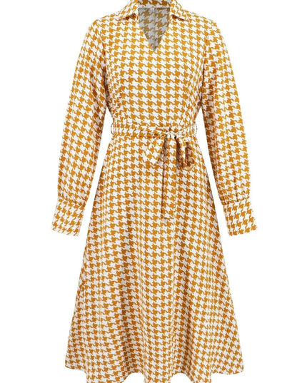 Tied Houndstooth Long Sleeve Midi Dress