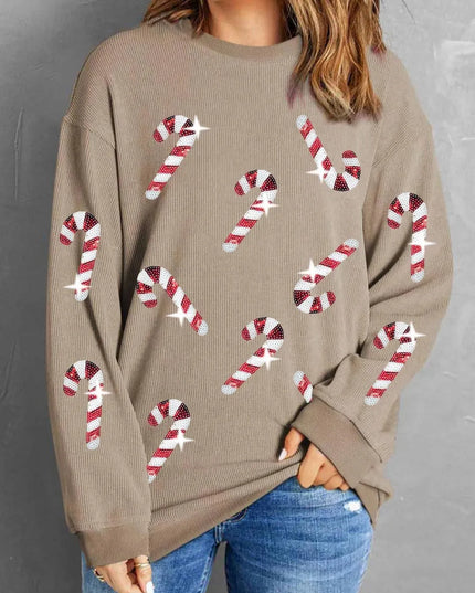 Sequin Candy Cane Round Neck Sweatshirt