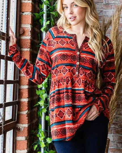 Chic Geometric Button-Detail Long Sleeve Babydoll Top