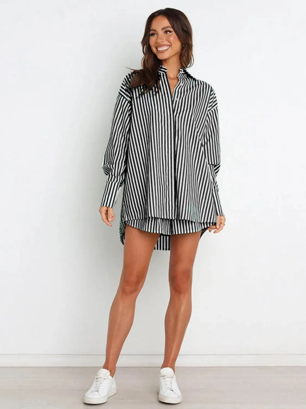 Striped Short Sleeve Button-Up Shirt and Shorts Combo Set