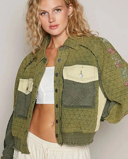 POL Embroidered Sleeve Raw Edge Quilted Jacket - ShopEasier