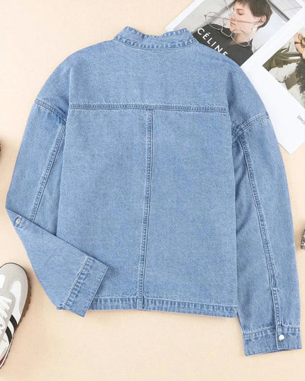 Drawstring Snap Down Denim Jacket with Chest Pockets - ShopEasier