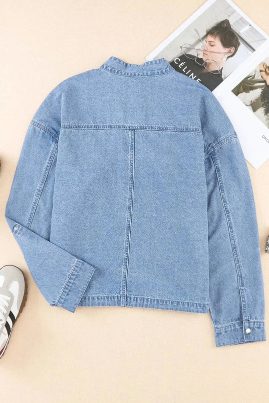 Drawstring Snap Down Denim Jacket with Chest Pockets - ShopEasier