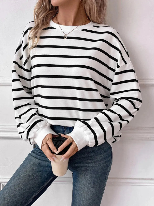 Chic Striped Round Neck Long Sleeve Sweatshirt