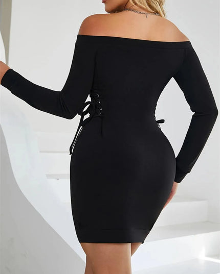 Lace-Up Off Shoulder Long Sleeve Mini Dress - ShopEasier