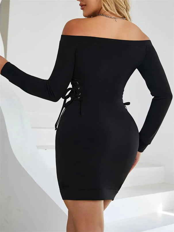 Lace-Up Off Shoulder Long Sleeve Mini Dress - ShopEasier